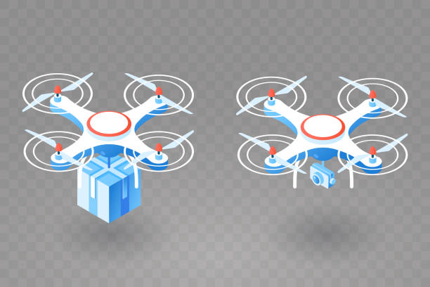 Isometric delivery drone icon. Drone with video camera. Flying quad copter isolated on transparent background. Logistics and aerial survey. Element for your design. Vector illustration. Isometric delivery drone icon. Drone with video camera. Flying quad copter isolated on transparent background. Logistics and aerial survey. Element for your design. Vector illustration. drone clipart stock illustrations