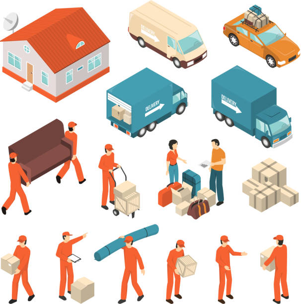 isometric delivery moving new settler set Moving company professional packing transportation unloading and delivery certified service isometric icons collection isolated vector illustration safe move stock illustrations