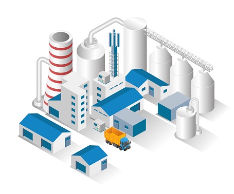 Isometric design concept illustration. oil and gas factory pipes and tanks