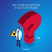 Isometric design. Coronavirus or Covid-19. Ask your questions a doctor online. Question mark symbol. Online appointment portal concept stock illustration