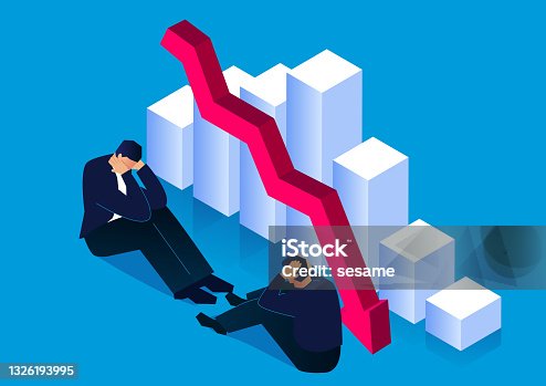 istock Isometric desperate businessman with hands covering his head sitting beside falling arrows and bar charts 1326193995
