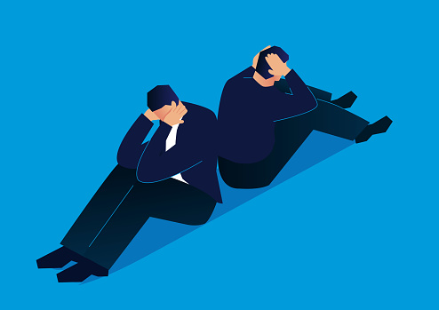 Isometric desperate frustrated businessmen sitting back to back with hands covering their face, economic downturn, business failure, financial crisis or being fired concept