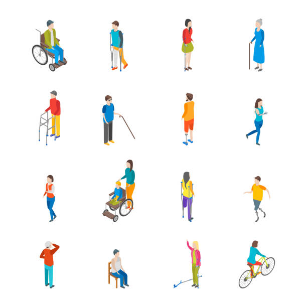 illustrations, cliparts, dessins animés et icônes de jeu d’icônes de personnages handicapés isométrique. vector - 3d man