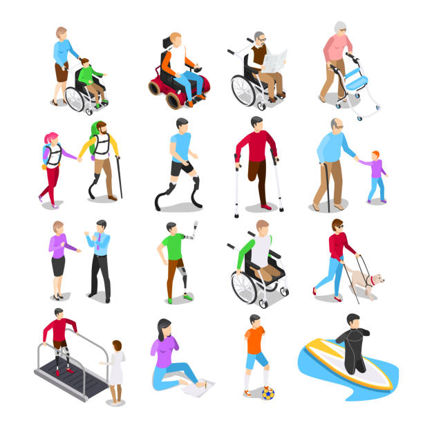 等距殘疾人。殘疾護理, 殘疾老年人輪椅和肢體假肢修復向量集 - 輪椅 插圖 幅插畫檔、美工圖案、卡通及圖標
