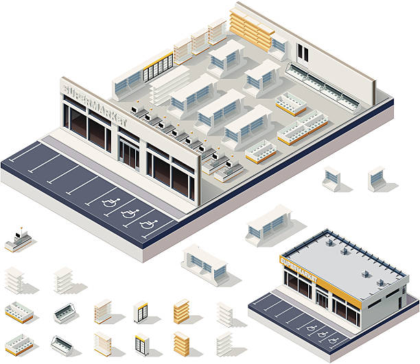 Isometric DIY supermarket interior plan Cutaway view of modern supermarket. Equipment and furniture can be used for custom supermarket plan store designs stock illustrations