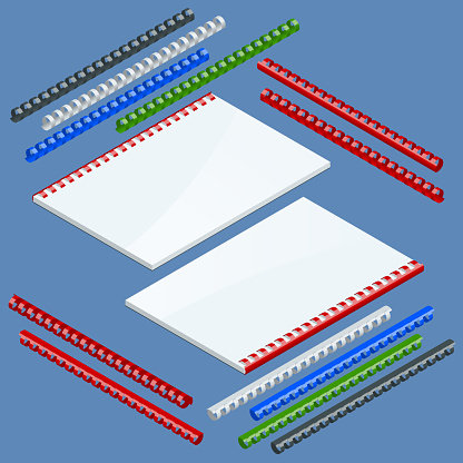 Isometric Document binding components and springs for fastening of catalogs, plastic springs for binding. Vector illustration plastic springs for binding