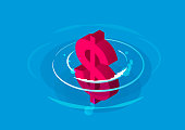 istock Isometric dollar sign falling into water, currency crisis, exchange rate drop and crisis 1322950590