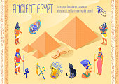 Isometric poster with various symbols of ancient egypt pyramids pharaohs egyptian gods 3d vector illustration