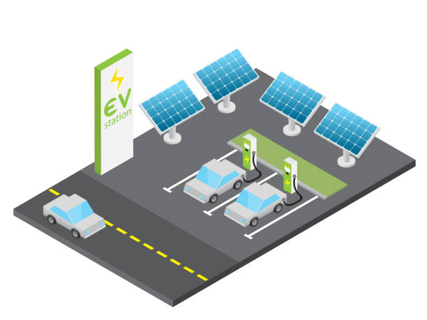 isometrische elektrofahrzeug ladestation mit solarstrom-konzept - sustainable future road stock-grafiken, -clipart, -cartoons und -symbole