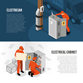 Electrician service 2 isometric horizontal banners with information on switch cabinet panel control and replacing vector illustration