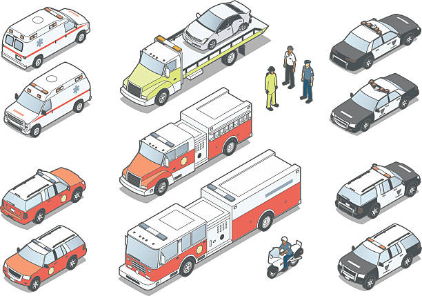 Isometric Emergency Vehicles Ambulance, fire trucks, police cars and motorcycle, tow truck, and people, in isometric view. EPS10 and high-quality JPEG included.  Vehicles do not represent specific makes or models. tow truck police stock illustrations