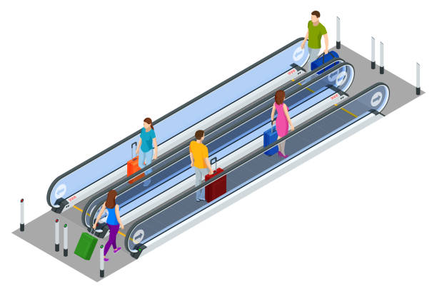 ilustrações de stock, clip art, desenhos animados e ícones de isometric escalator isolated on white background. people with luggage stand on the escalator at the airport or train station. - stairs subway