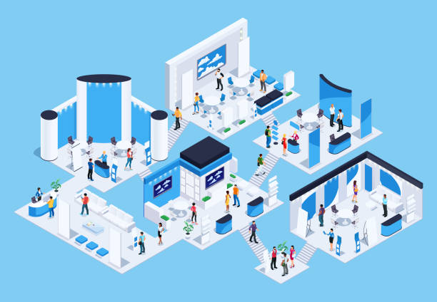 Isometric exhibition hall with people. Isometric exhibition hall with people. 3d promotional stands. Exposition booth. Blank mockup. Vector illustration. exhibition stock illustrations