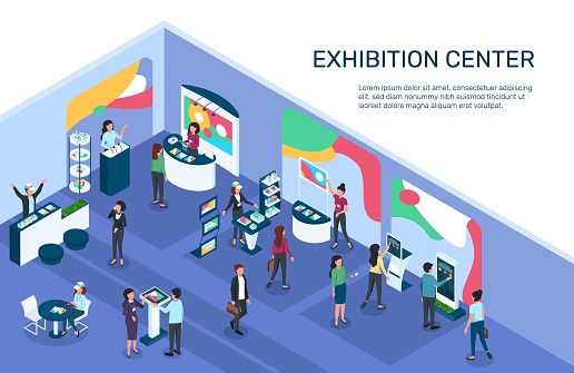 Isometric expo. Exhibition center with people, exhibit displays, stands, booths. Digital marketing, products promotion event 3d vector illustration