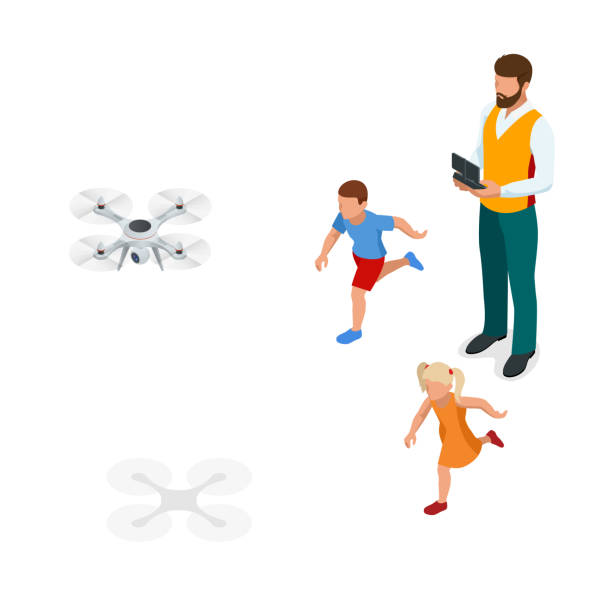 Isometric father with children launches a drone. Outdoor recreation Leisure for family. Birthday gift. Isometric father with children launches a drone. Outdoor recreation Leisure for family. Birthday gift drone backgrounds stock illustrations