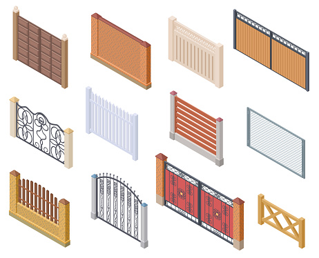 Isometric fence. Gates and farm garden wired security fences metal lattice 3d vector isolated collection