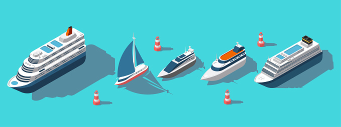 Isometric ferries, yachts, boats, passenger ships vector set