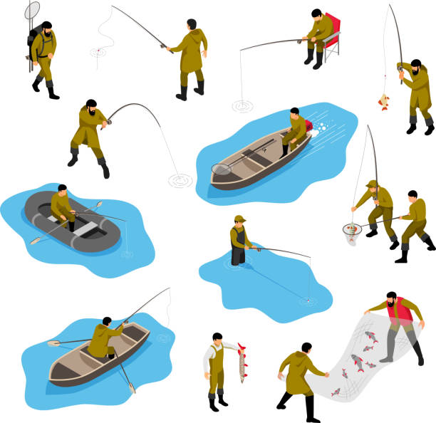 ilustrações de stock, clip art, desenhos animados e ícones de isometric fisherman set - fisherman