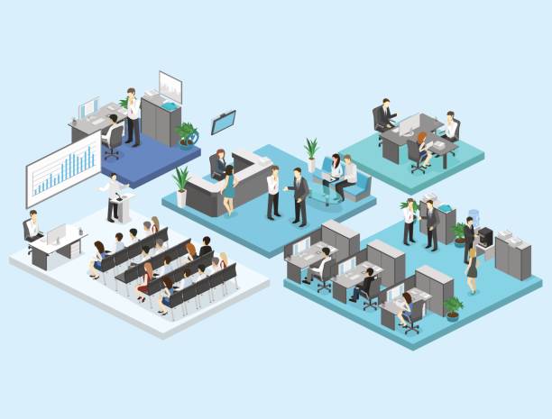 isometric flat 3d abstract office floor interior departments concept vector. sometric flat 3d abstract office floor interior departments concept vector. conference hall, offices, workplaces, director of the office interior military clipart stock illustrations