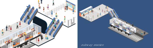ilustrações de stock, clip art, desenhos animados e ícones de isometric flat 3d concept metro subway train carriage. underground station - stairs subway