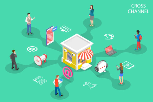 Isometric flat vector concept of cross channel, omnichannel. Isometric flat vector concept of cross channel, omnichannel, several communication channels between seller and customer, digital marketing, online shopping. radio broadcasting illustrations stock illustrations
