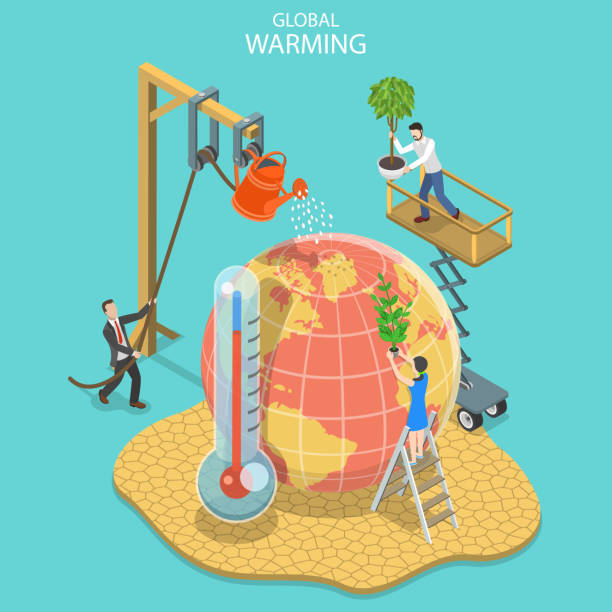 isometrische flachvektorkonzept der globalen erwärmung, klimawandel. - klimawandel stock-grafiken, -clipart, -cartoons und -symbole