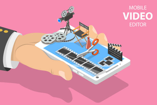 ilustraciones, imágenes clip art, dibujos animados e iconos de stock de concepto de vector plano isométrico de producción multimedia de la aplicación de edición de vídeo. - video editing