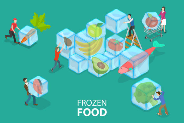 ilustrações, clipart, desenhos animados e ícones de ilustração conceitual de vetor plano isométrico 3d de alimentos congelados - comida congelada