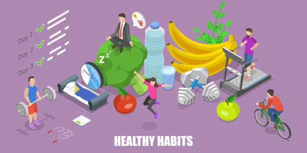 3D Isometric Flat Vector Conceptual Illustration of Healthy Habits, Exercising. 3D Isometric Flat Vector Conceptual Illustration of Healthy Habits, Exercising, Cycling, Running, Meditation, Healthy Eating and Drinking Enough Water. sleeping backgrounds stock illustrations