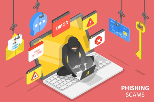 3D Isometric Flat Vector Conceptual Illustration of Internet Phishing Scams. 3D Isometric Flat Vector Conceptual Illustration of Internet Phishing Scams, Stealing Confidential Data. scammer stock illustrations