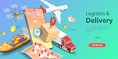 3D Isometric Flat Vector Conceptual Illustration of Smart Logistics and Transportation, Mobile App for Delivery Tracking, Cargo Fast Delivery.