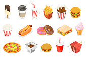 3D Isometric Flat Vector Icon Set as Hot Dog, Donut, Ice Cream, Pizza, French Fries, Coffee, Soda, Chicken Bucket, Sandwich, Asian Food.