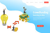 Isometric flat vector landing page template of crowdfunding, investing in idea, financial investment, marketing opportunities.