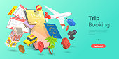 3D Isometric Flat Vector Landing Page Template of Mobile Trip Booking Service App, Holiday Travel Hotel and Flight Tickets Reservation.