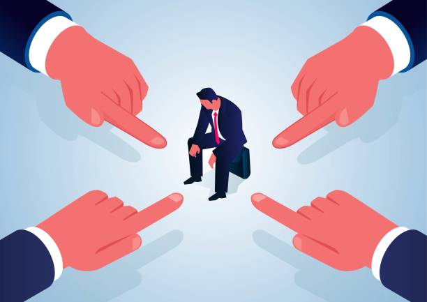 Isometric four fingers pointing at scared businessman, businessman is blamed vector art illustration