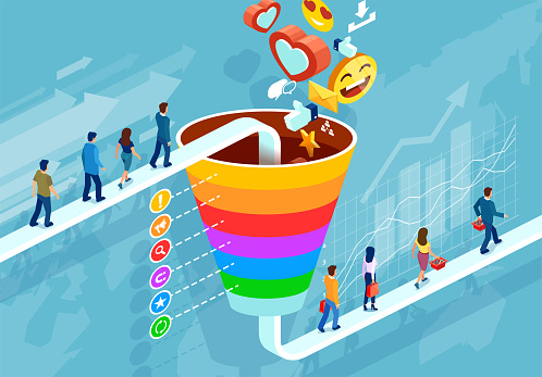 Isometric funnel infographic of a customer retention strategy