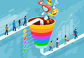 Social media marketing and target audience concept. Isometric funnel infographic of a customer retention strategy