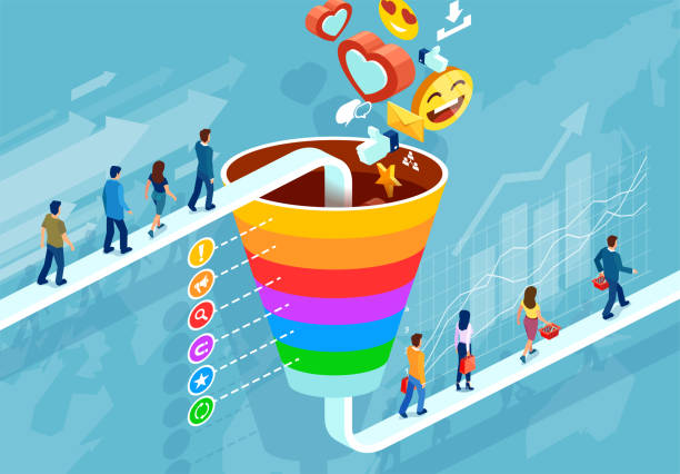 ilustraciones, imágenes clip art, dibujos animados e iconos de stock de infografía de embudo isométrico de una estrategia de retención de clientes - target market