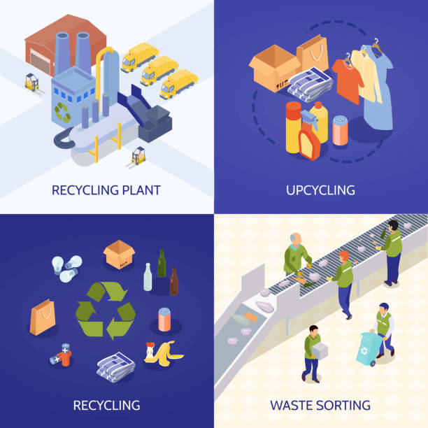 illustrazioni stock, clip art, cartoni animati e icone di tendenza di concetto di progettazione isometrica per il riciclaggio dei rifiuti - upcycling