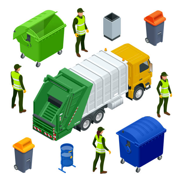 ilustrações, clipart, desenhos animados e ícones de caminhão de lixo isométrica ou caminhão de reciclagem na cidade. reciclagem de lixo e equipamentos de utilização. cidade de resíduos reciclagem conceito com caminhão de lixo. ilustração vetorial - gari