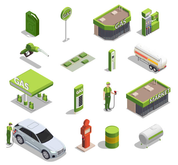 Isometric Gas Station Set Gas station isometric set of icons and images of filling columns petrol cans buildings and people vector illustration garage stock illustrations