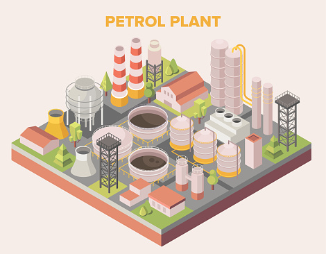 Isometric graphic of a petroleum or oil refinery