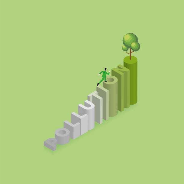 isometric green concept of environmental concern, earth day, growing, save the planet, eco friendly. a man runs and steps up a text word pollution with color gradation and a tree on top of stairs. - esg 幅插畫檔、美工圖案、卡通及圖標