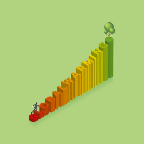 환경 문제의 등색 녹색 개념, 지구의 날, 성장, 지구를 저장, 환경 친화적 인. 한 남자가 달리고 계단 위에 있는 나무로 지구 온난화라는 문자 단어를 밟고 있습니다. - esg stock illustrations