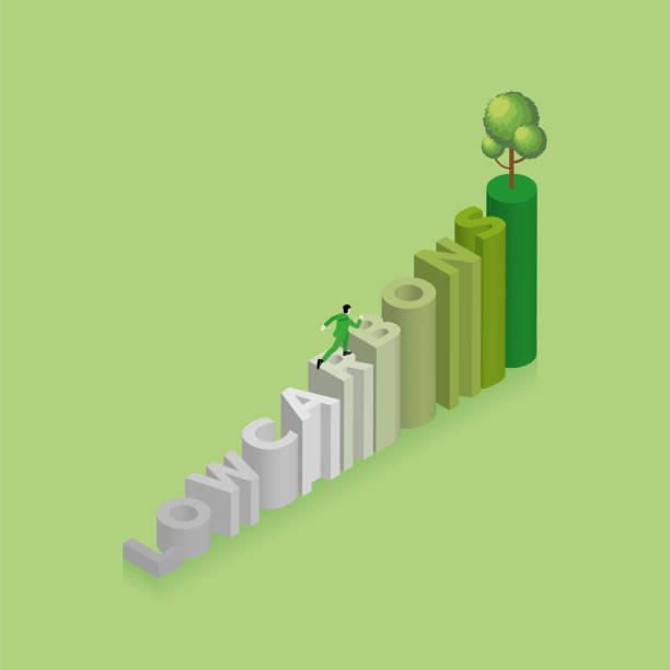 환경 문제의 등색 녹색 개념, 지구의 날, 성장, 지구를 저장, 환경 친화적 인. 한 남자가 달리고 계단 위에 있는 나무와 함께 로우 카본이라는 텍스트 단어를 밟습니다. - esg stock illustrations