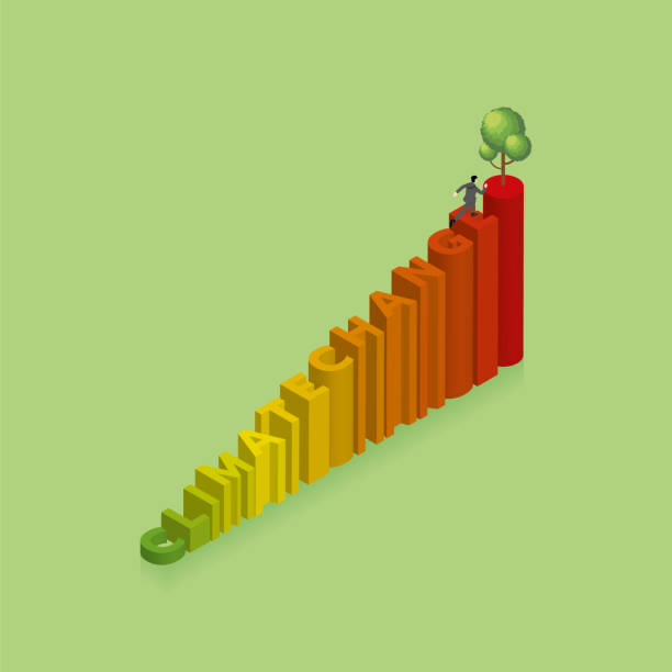 환경 문제의 등색 녹색 개념, 지구의 날, 성장, 지구를 저장, 환경 친화적 인. 한 남자가 달리고 계단 위에 있는 나무와 함께 기후 변화라는 텍스트 단어를 밟습니다. - esg stock illustrations