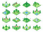 Isometric green park or garden trees. Fountain and bushes, benches and pond. 3d isometric city map, urban landscape vector elements