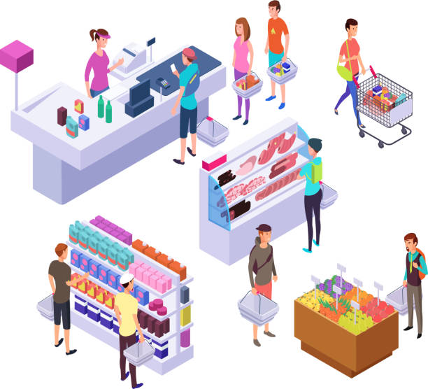 Isometric grocery store. 3d supermarket interior with shopping people customers and products. Retail vector set Isometric grocery store. 3d supermarket interior with shopping people customers and products. Retail vector set. Interior of 3d supermarket store, isometric grocery with customers supermarket clipart stock illustrations