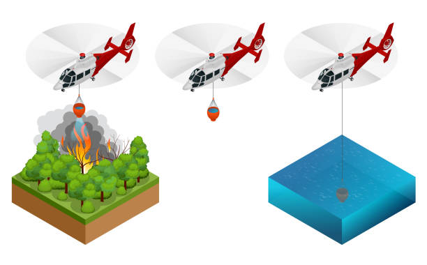 stockillustraties, clipart, cartoons en iconen met isometrische helikopter dropping water op een brand. forest brand helikopter vectorillustratie - save water bucket