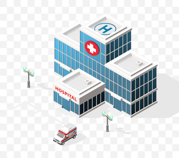 Isometric High Quality City Element with 45 Degrees Shadows on Transparent Background . Hospital Isolated Vector Elements hospital building stock illustrations
